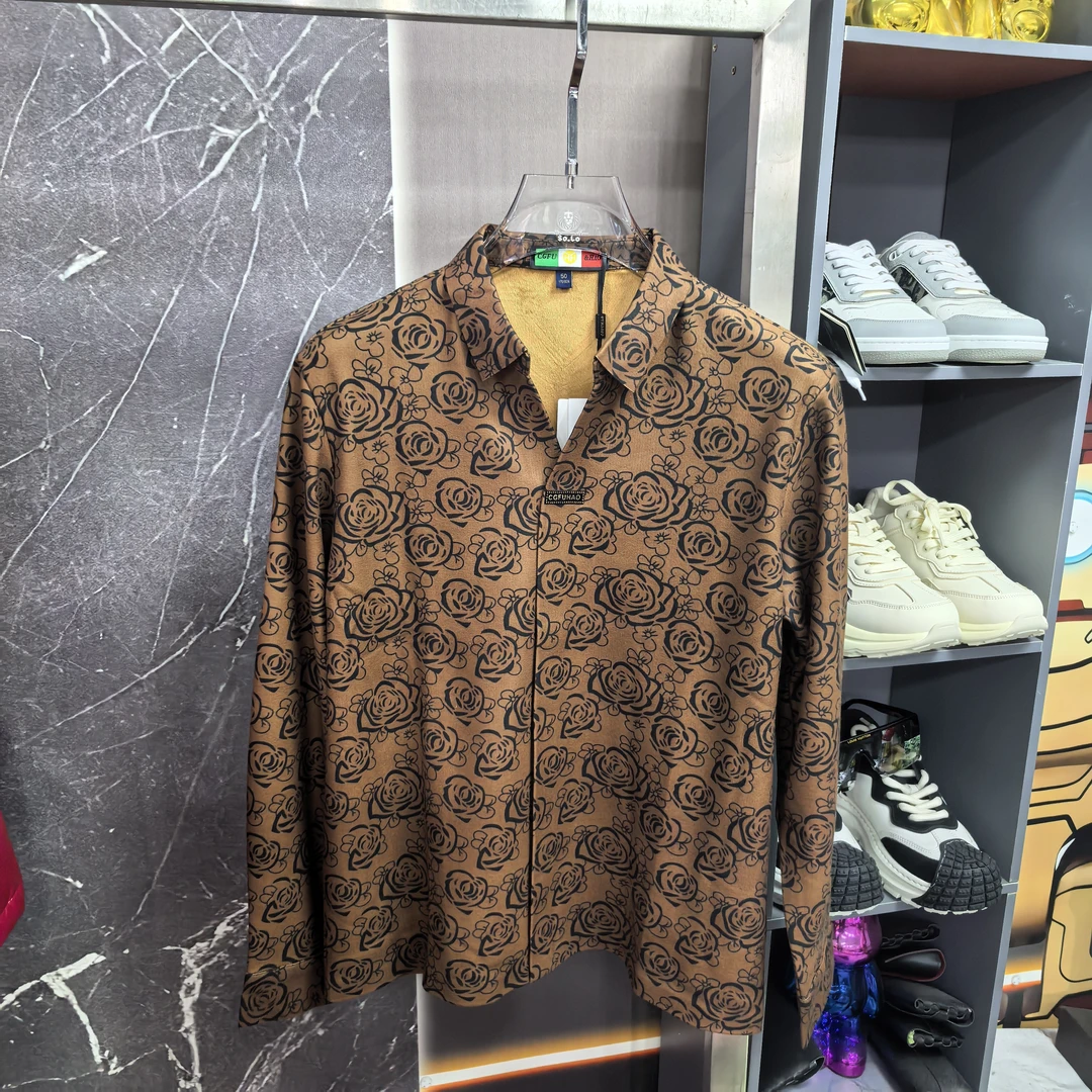 冬季新款高端加绒加厚印花长袖男士修身商务休闲衬衫