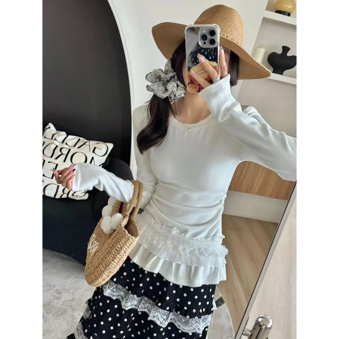 SP【布朗尼】芭蕾风蕾丝拼接叠穿长袖打底衫女修身内搭T恤上衣