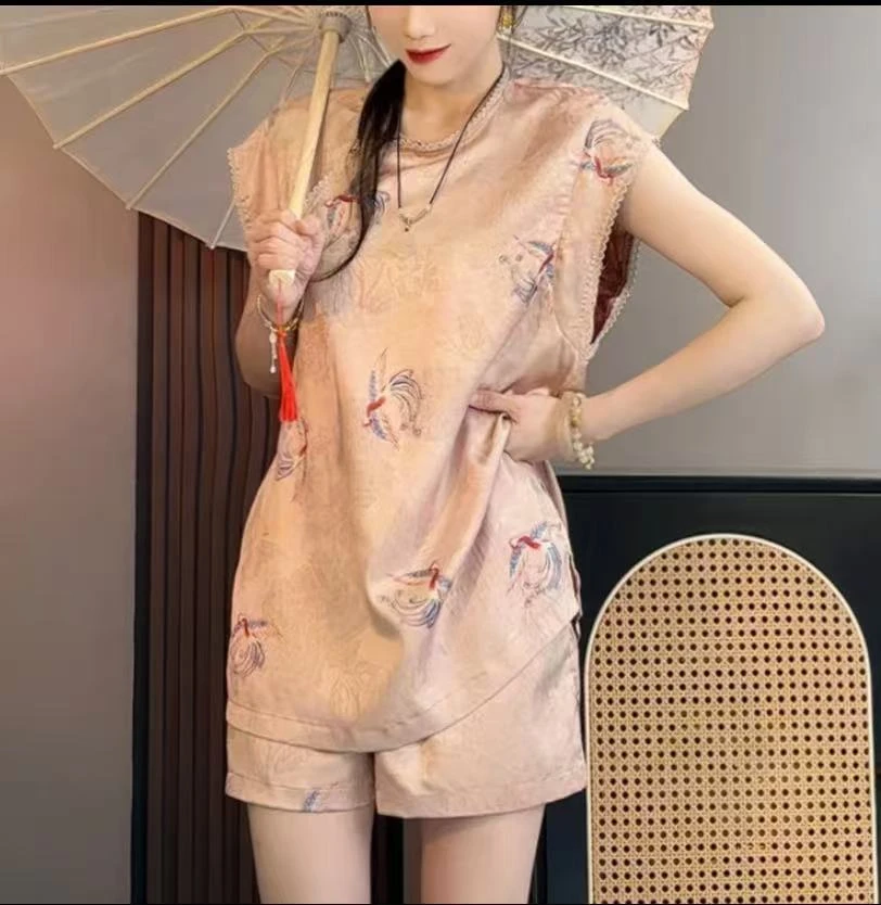 两件套设计师款夏季新款国风显瘦盘扣蝴蝶印花钉珠上衣短裤套装