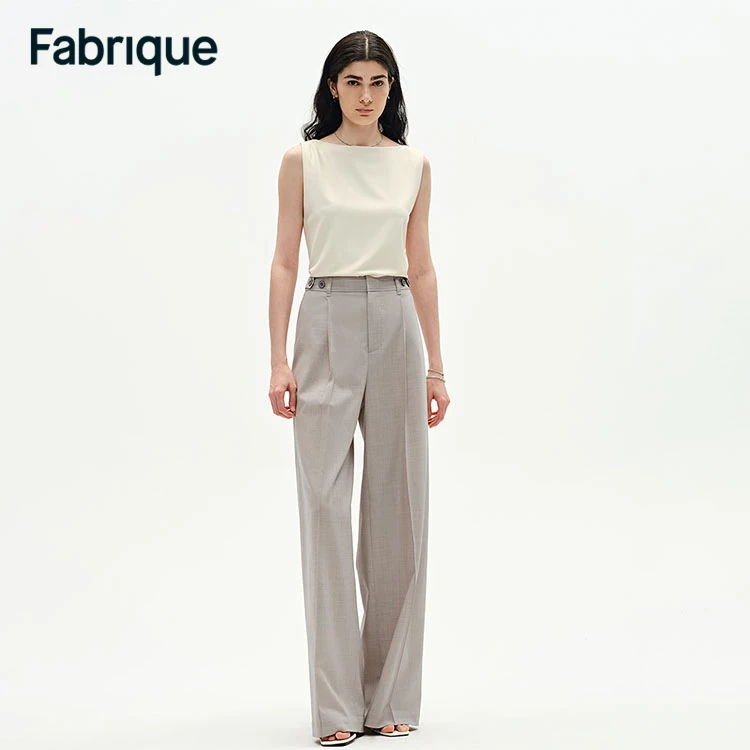 Fabrique Halina 春夏新款燕麦色精纺绵羊毛三醋酸阔腿休闲西裤