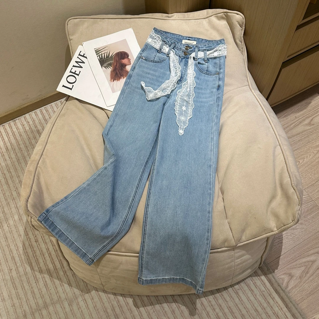 【婷婷推荐】26833早春新款韩版时尚高腰蕾丝腰带直筒阔腿牛仔裤