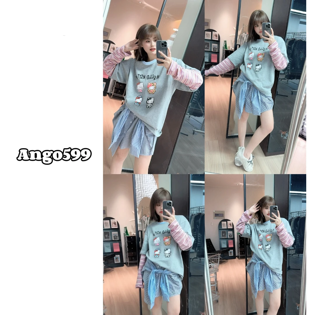 数码KT* 小众设计师款撞色拼接袖可爱卡通印花休闲宽松长袖T恤