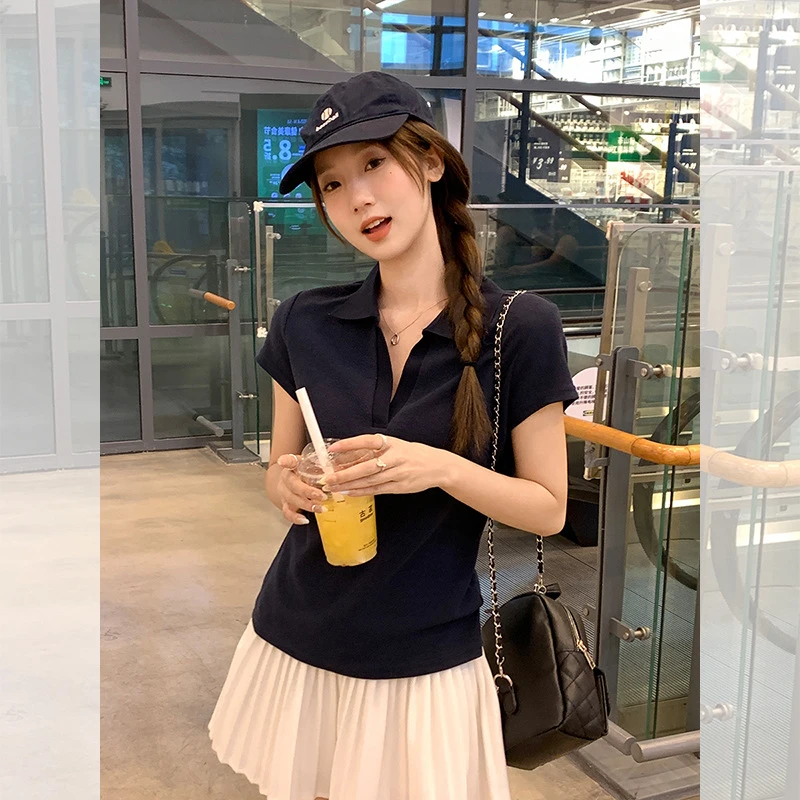 辣妹Polo翻领正肩短袖T恤女2025年夏季新款显瘦百搭纯色短款上衣