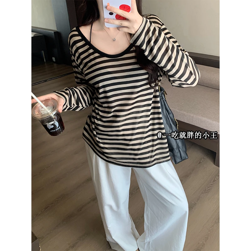 【小王家】2025年大码女装夏季新款长袖条纹撞色防晒罩衫T恤3326
