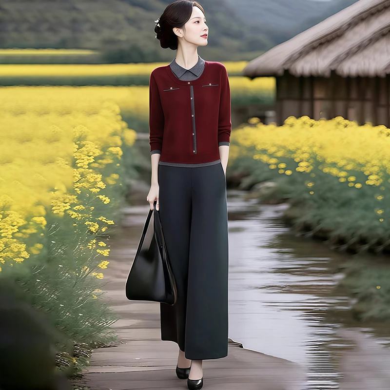 韩版春秋季百搭休闲假两件翻领针织上衣松紧腰休闲裤通勤时尚套装