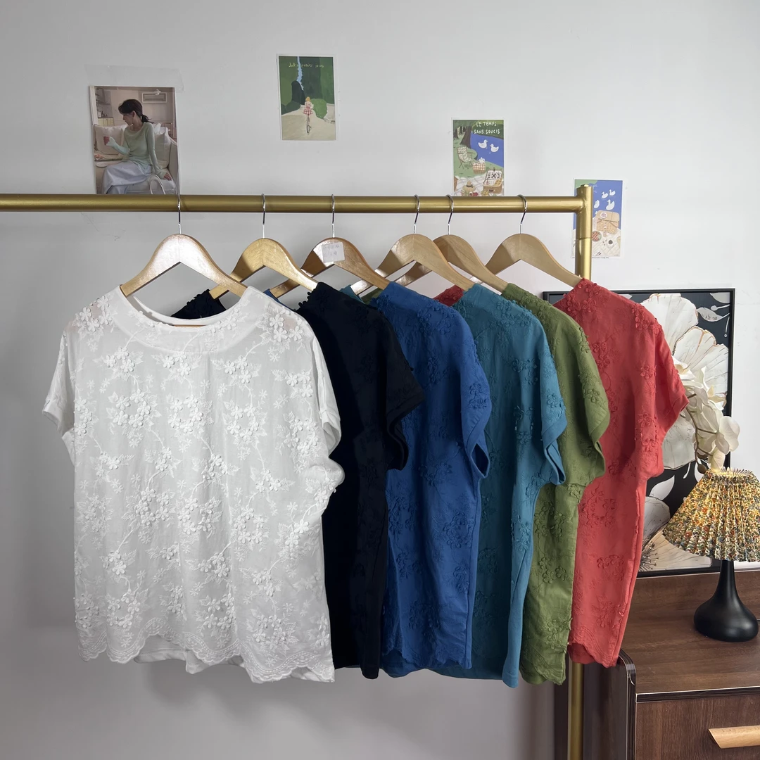 圆领镂空刺绣打底新中式常规宽松型衬衫日常短袖潮流0207