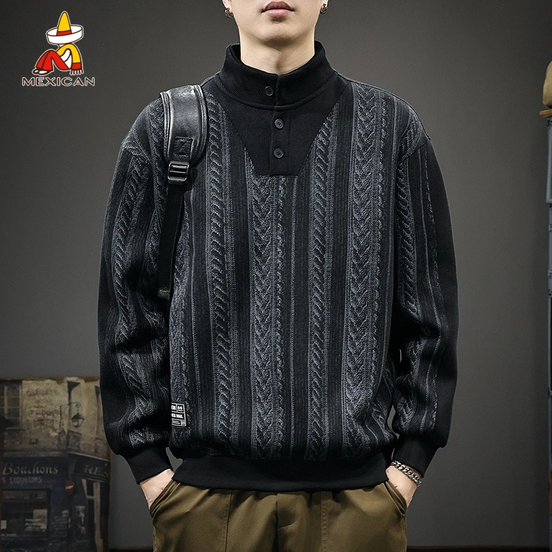 Mexican/稻草人秋季潮牌立领卫衣男款宽松大码休闲男士重磅套头衫