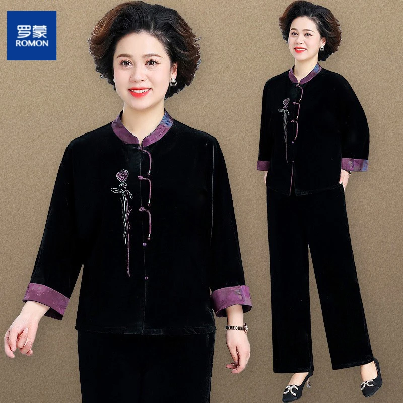 罗蒙贵夫人阔太太套装春秋两件套时尚中老年女妈妈金丝绒上衣外套