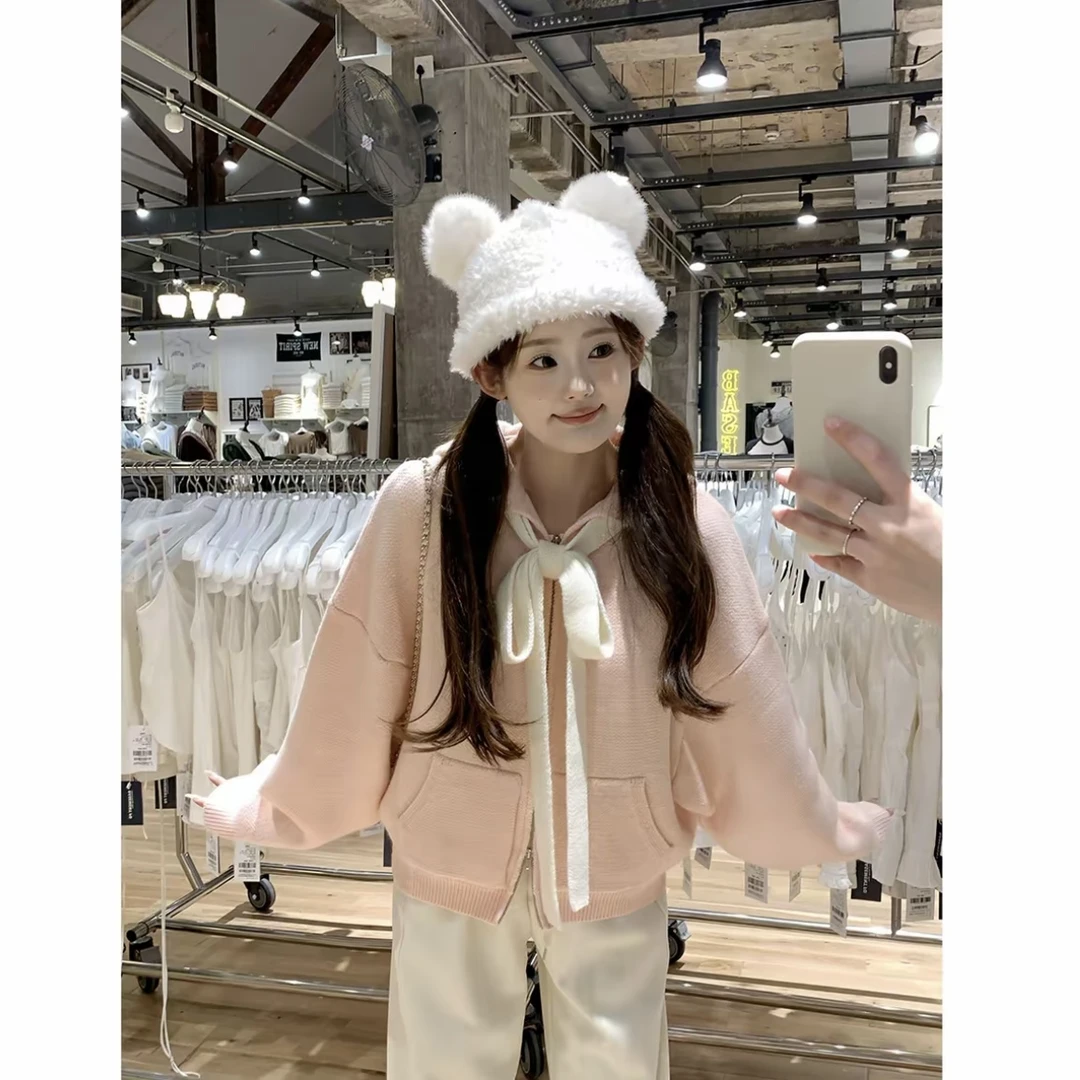 1076蝴蝶结系带撞色针织开衫软糯连帽毛衣拉链韩版外套女秋冬ins