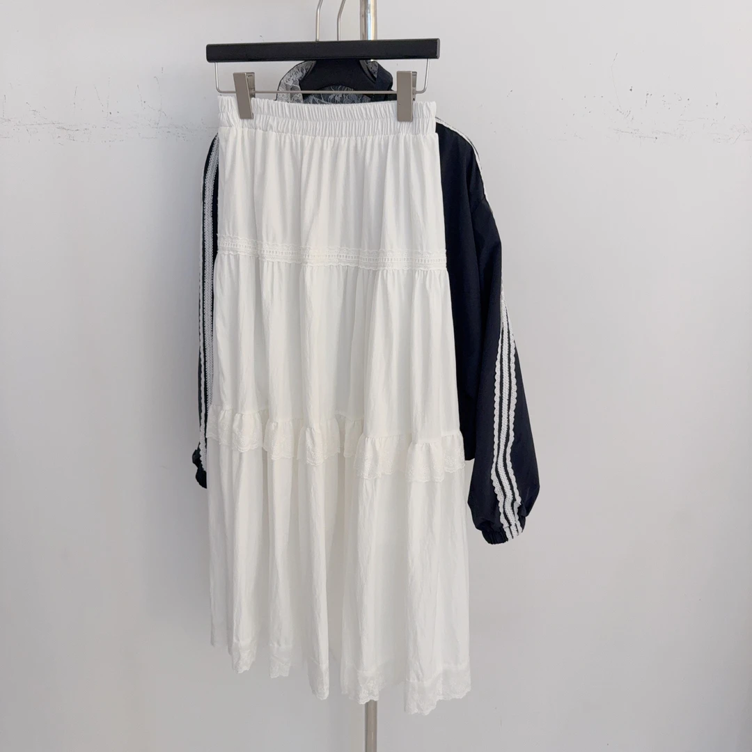 【株洲华丽熊小多】欧若风穿搭纯白速干肌理面料法式蕾丝A字长裙女