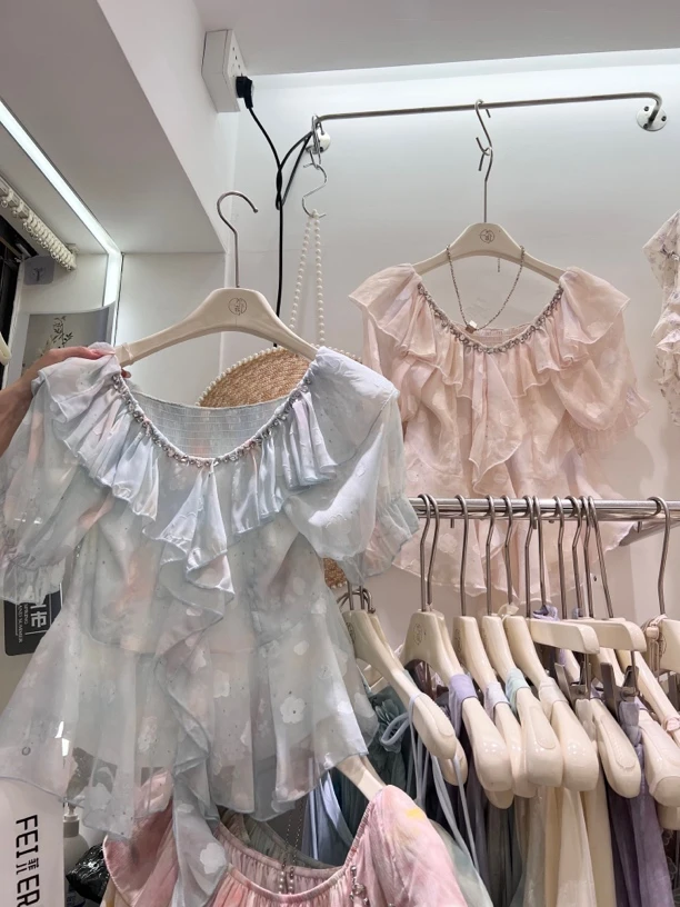 Kekeran【001-099】夏季甜美风花朵短款荷叶边系带小衫