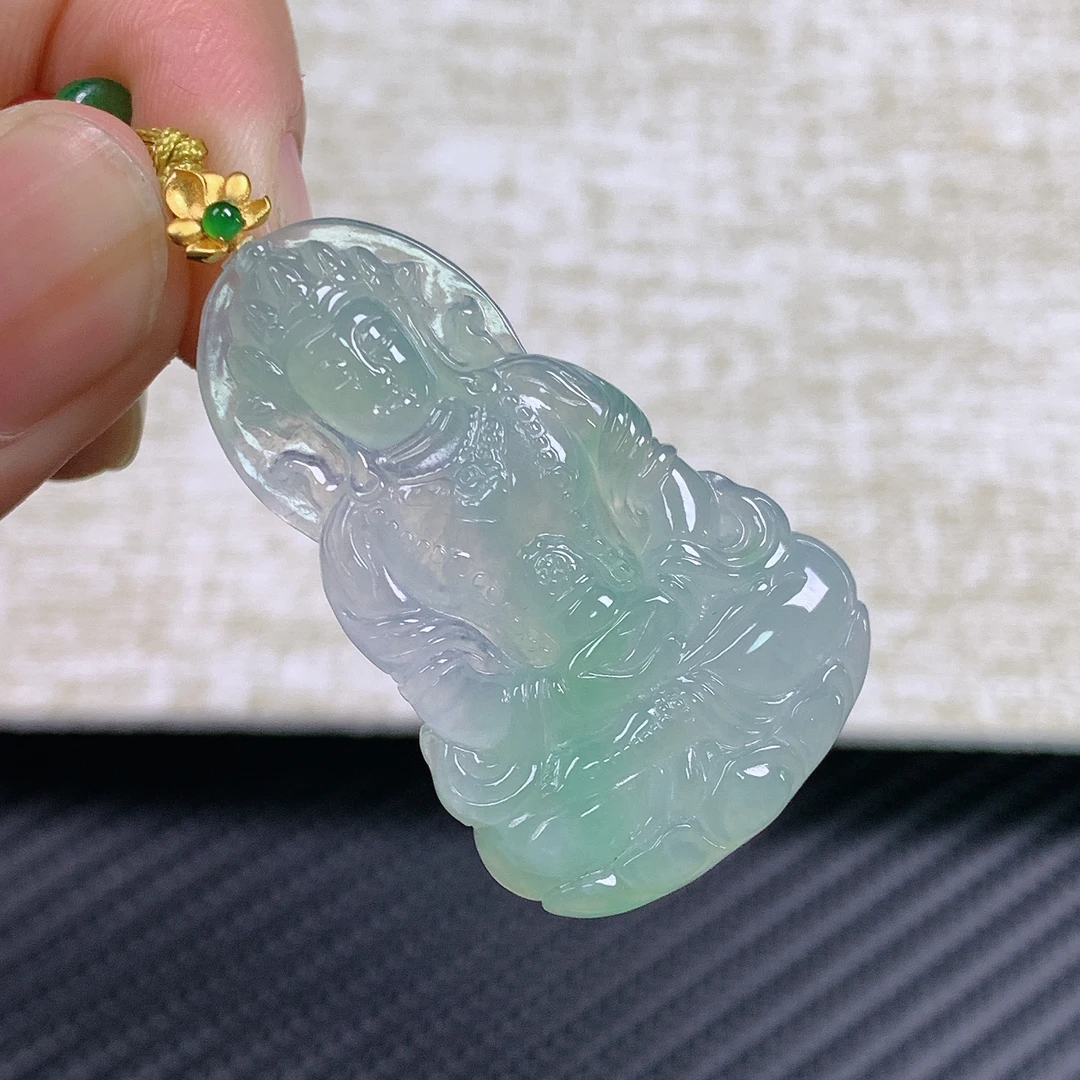 缅甸天然A货翡翠镶嵌18k金冰种飘绿度母观音吊坠44.5x24x4.4
