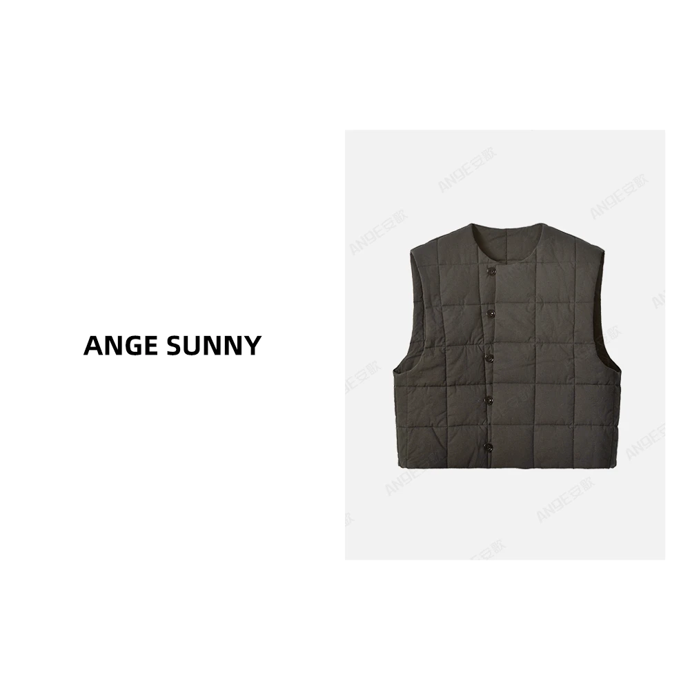 ANGE SUNNY【周雨彤同款 格子棉马甲】单排扣方格圆领棉马甲