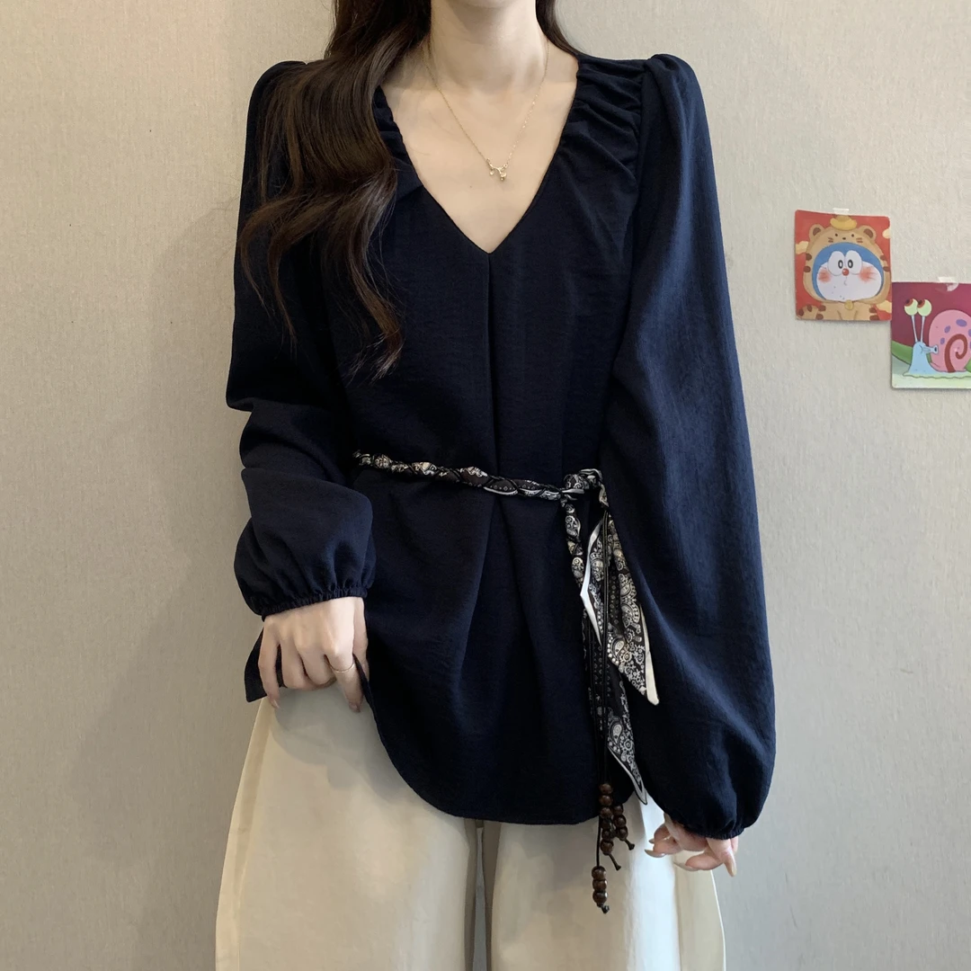 大码女装遮肚子独特漂亮系带长袖衬衫女春秋胖mm显瘦收腰正肩上衣