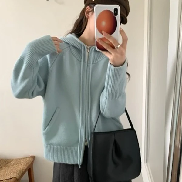 玲姐定制-连帽抽绳款双拉链双口袋纯色百搭针织开衫单Q 443136