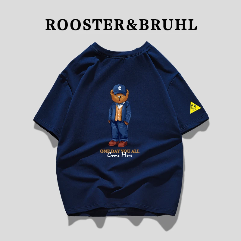 法莱尔公鸡100%纯棉短袖T恤男夏季薄款宽松圆领潮流小熊百搭半袖t