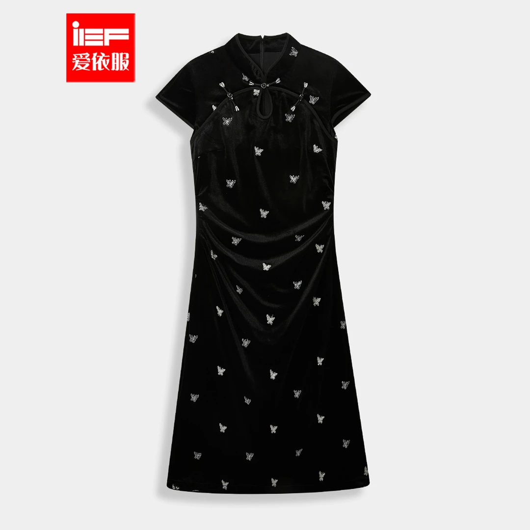 IEF/爱依服连衣裙2025秋季新款新中式改良设计蝴蝶印花气质旗袍裙