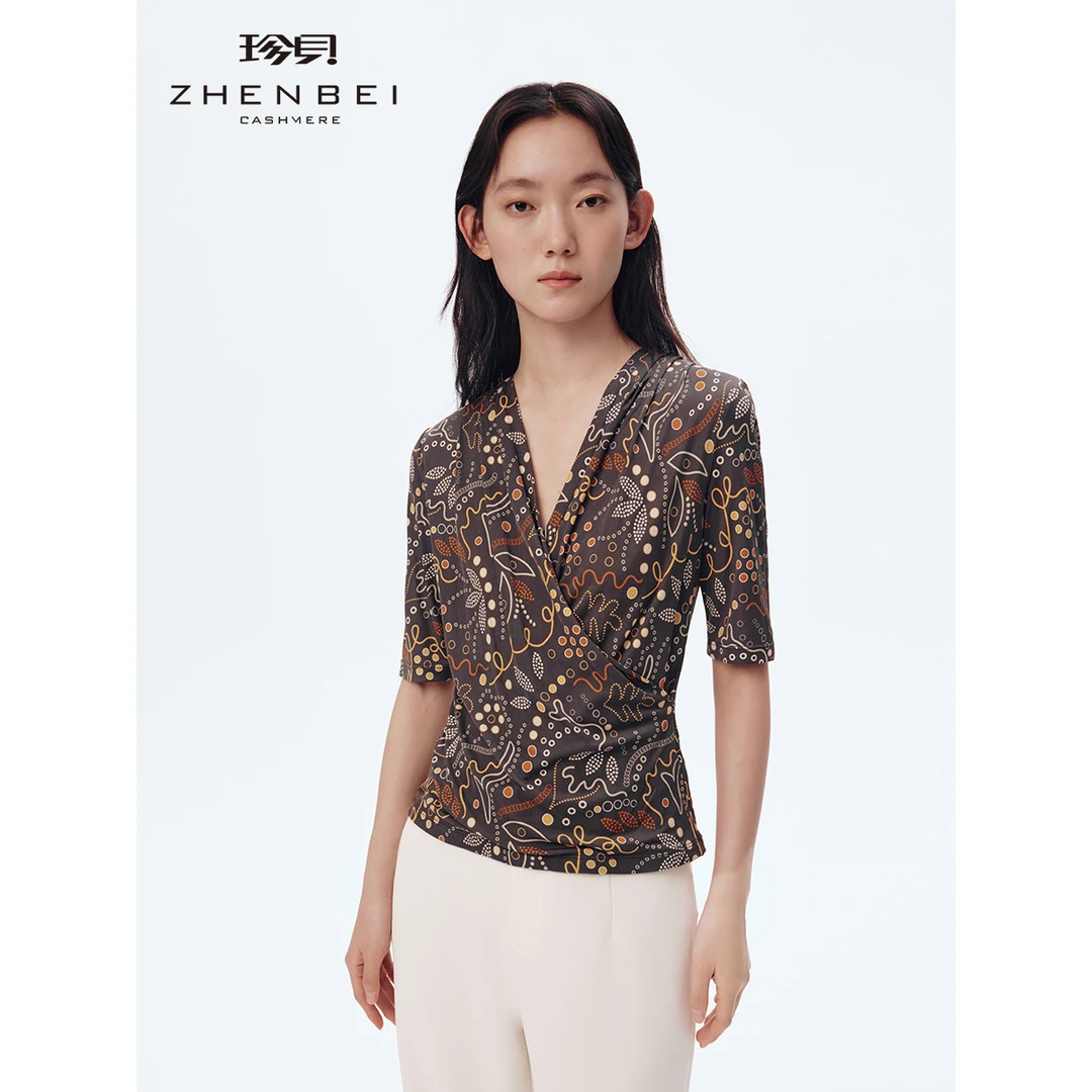 真*女装2025夏季新款V领五分袖印花桑蚕丝针织T恤薄37618