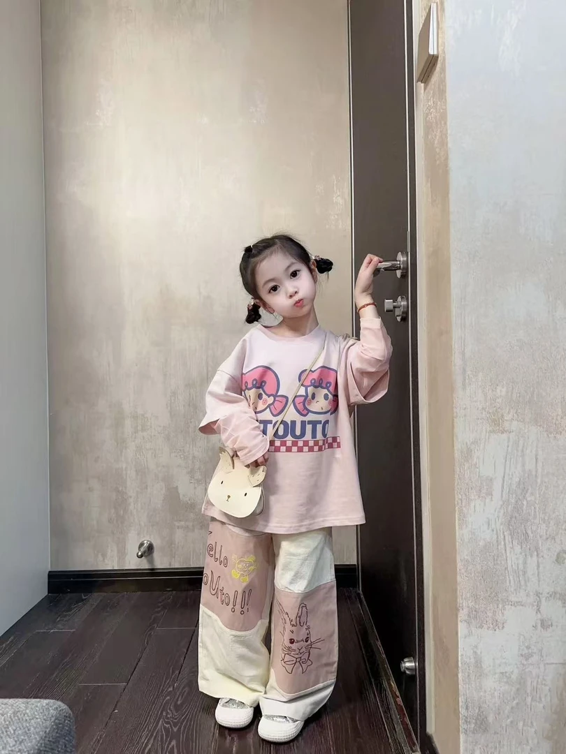 女童时尚印花假两件宽松T小女孩拼接印花休闲裤日常穿搭套装