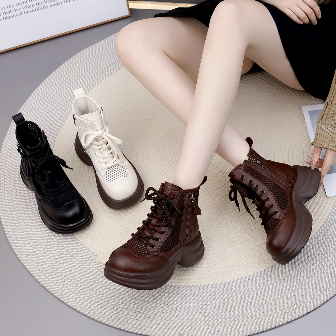 网面马丁靴春夏季镂空网状春夏透气休闲女靴女英伦风厚底坡跟