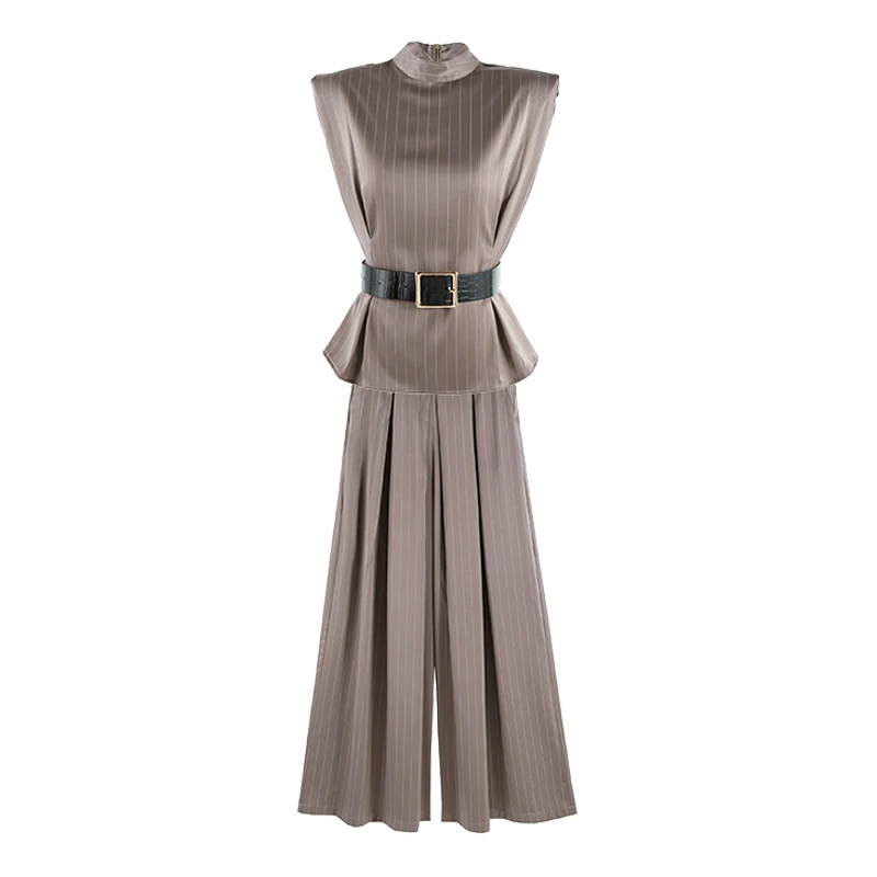 洒脱姿态时尚复古条纹高级缎面无袖修身长裤两件套HBZW652025