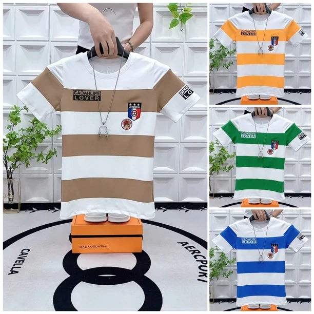 夏季潮流时尚新款男士修身圆领条纹短袖T恤休闲帅气短袖上衣