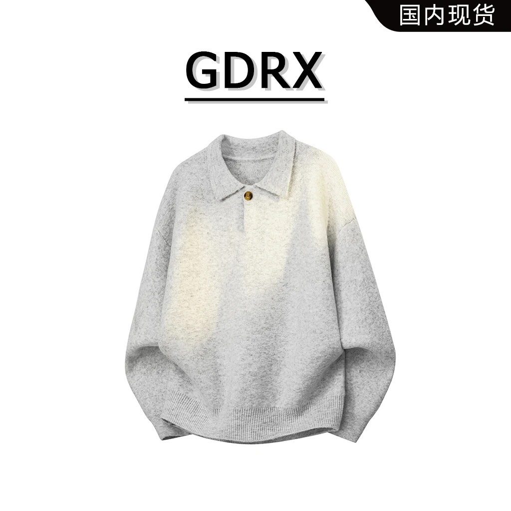 GDRX一粒扣polo领针织毛衣男士秋季新款宽松休闲百搭长袖潮流上衣