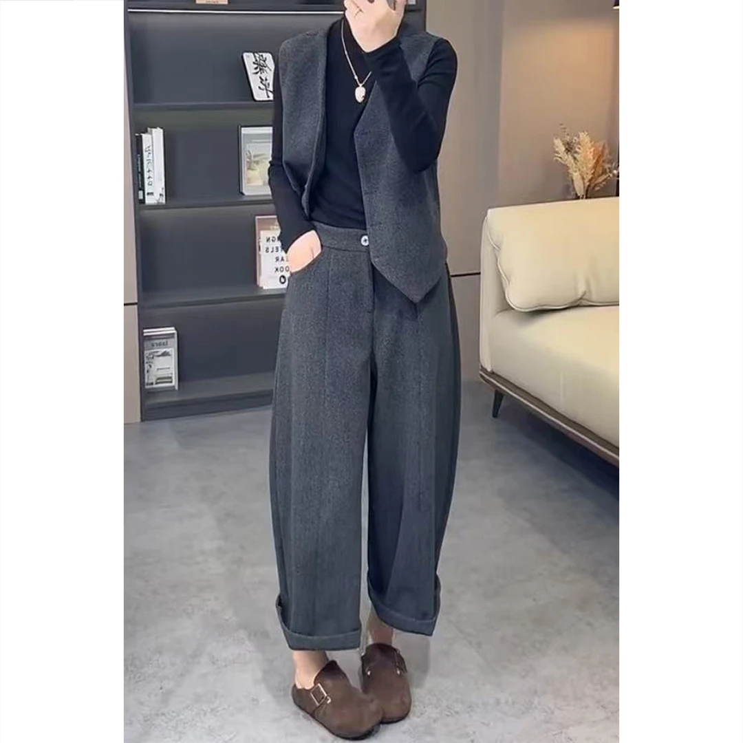 艾塔莉秋季新款时尚套装轻职风极简风轻熟风毛呢马甲休闲裤九分裤