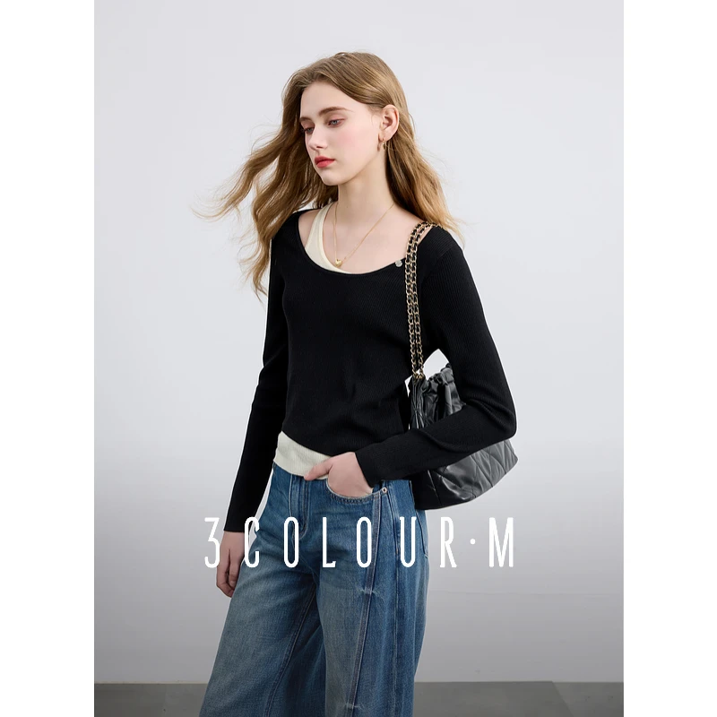 三彩2025春季新款假两件设计感针织衫修身圆领长袖上衣套头衫女M