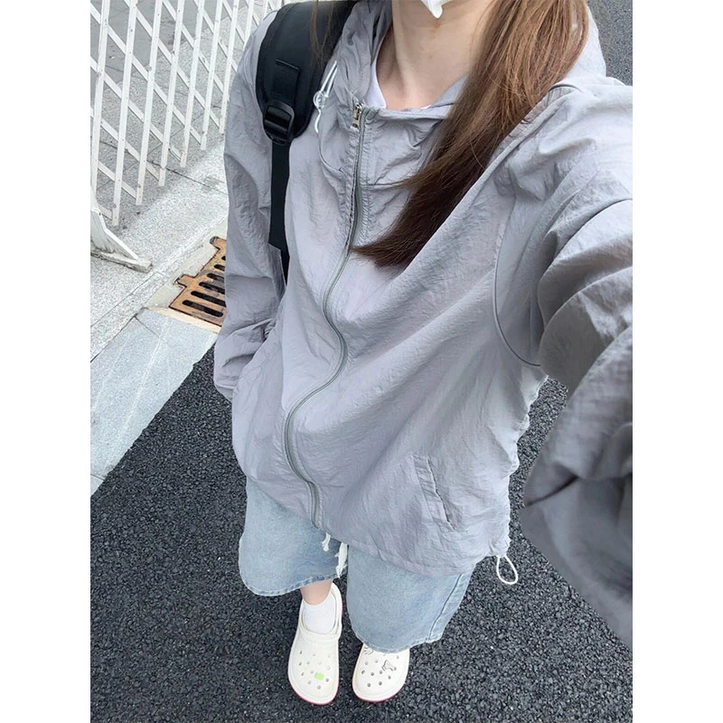 灰色冰丝防晒衣外套男夏季轻薄款冲锋衣cleanfit情侣装连帽防晒服