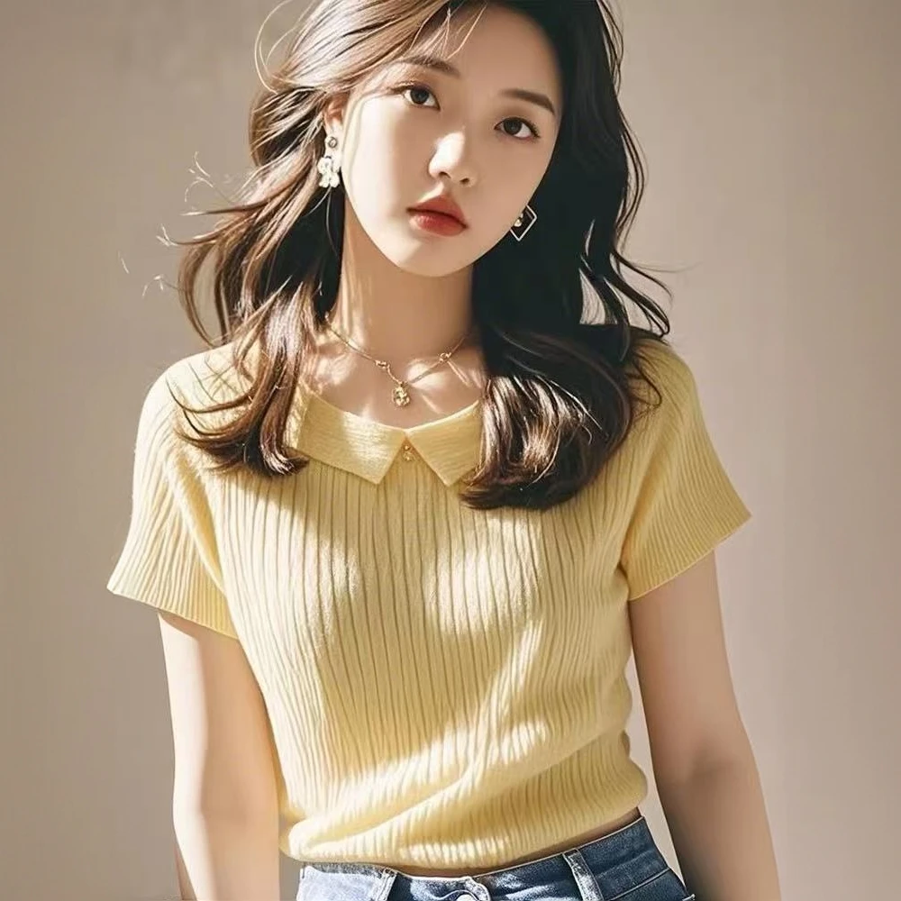 韩系多巴胺黄色Polo领短袖针织衫女夏季新款时尚洋气减龄显瘦T恤