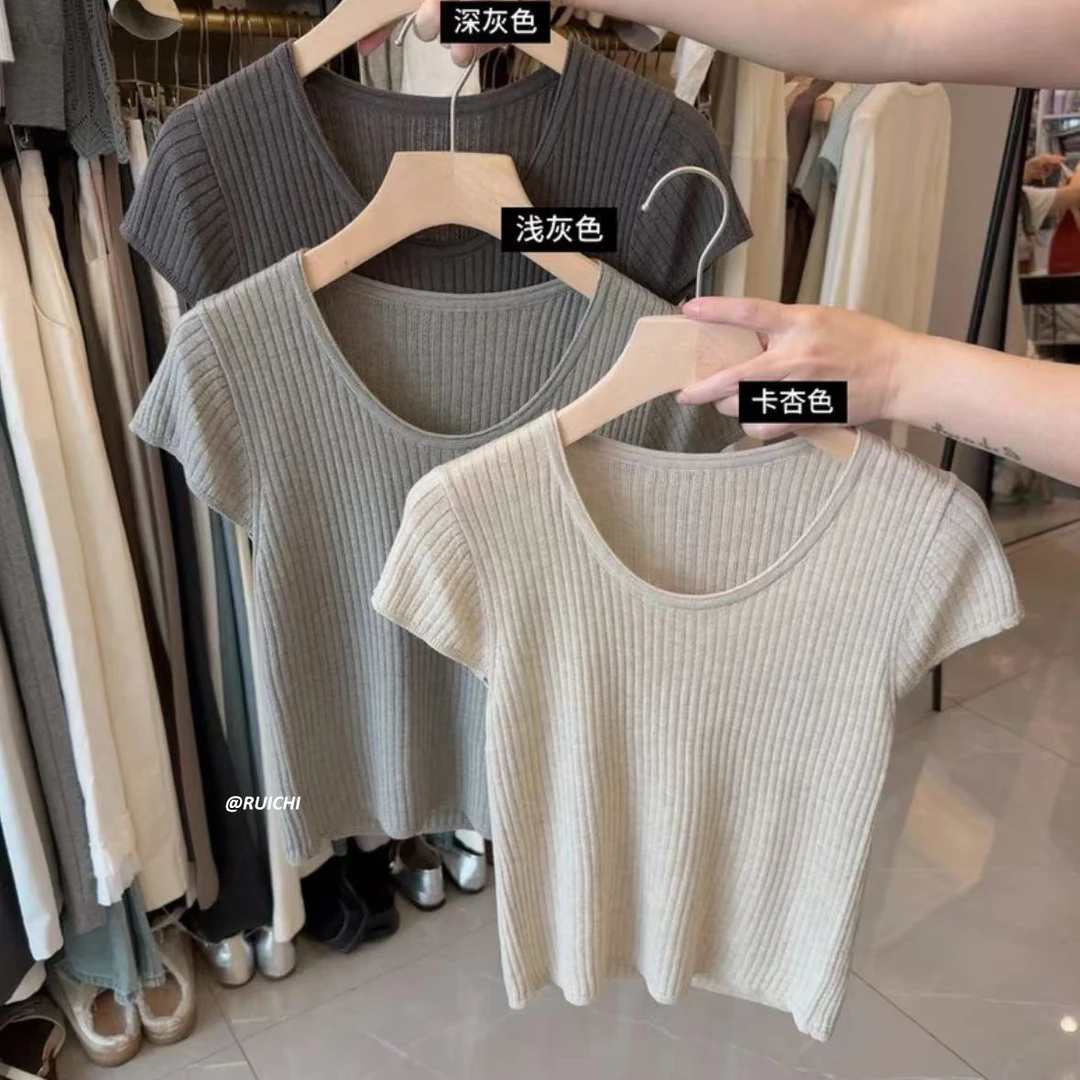 氛围感拉满~圆领竖纹套头短袖针织衫2025韩系夏季韩版针织衫