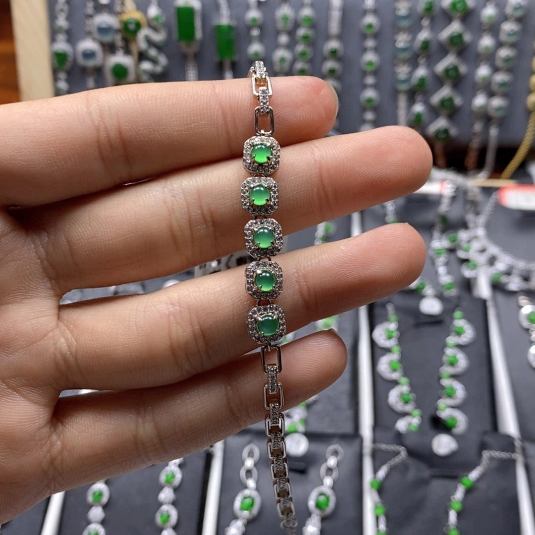 翡翠颈饰银S925镶嵌青*翡翠手链