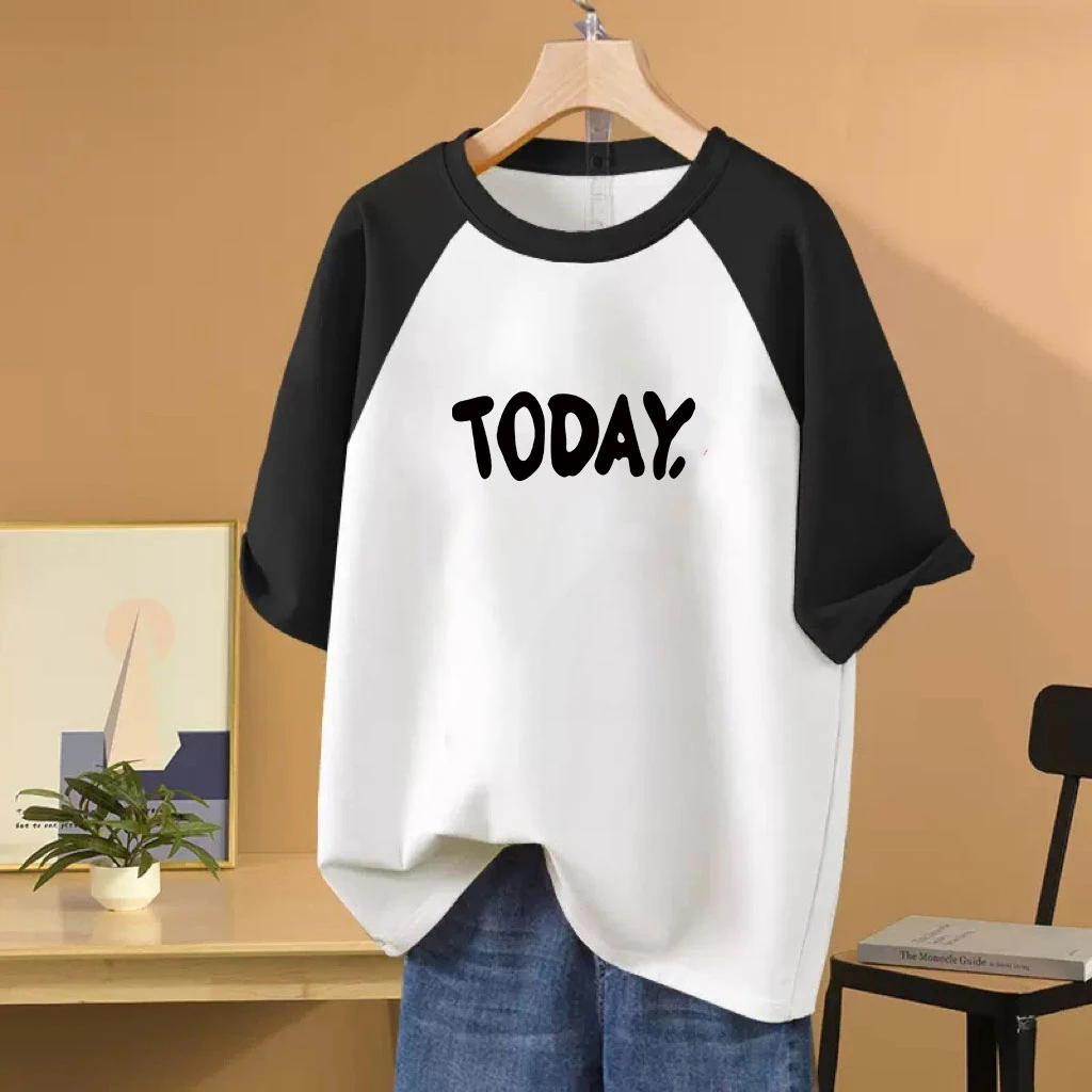 纯棉黑白拼接撞色插肩短袖t恤女2025夏季宽松设计感小众潮牌上衣
