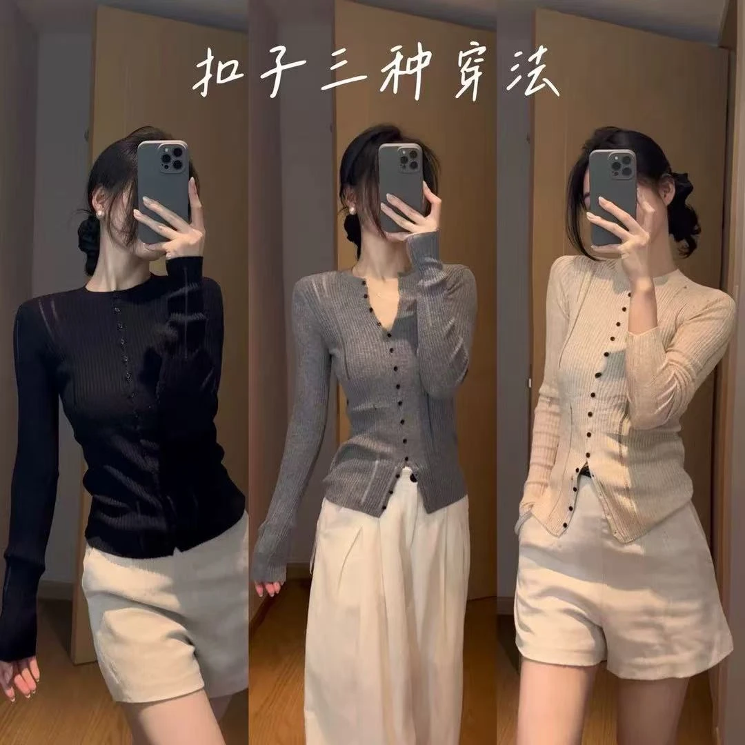 MEIZHENZI【高密度绵羊毛】破洞设计感修身针织开衫女显瘦打底衫