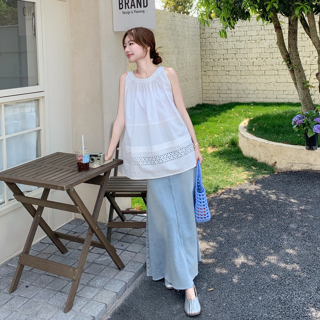 设计感宽松镂空背心套装裙2025夏新款氛围感超甜牛仔半身裙两件套