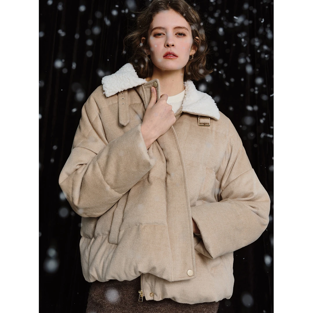 小岛微风“北境暖冬”真丝羊绒90白鹅绒羊羔毛领鹅绒服YRWT111001