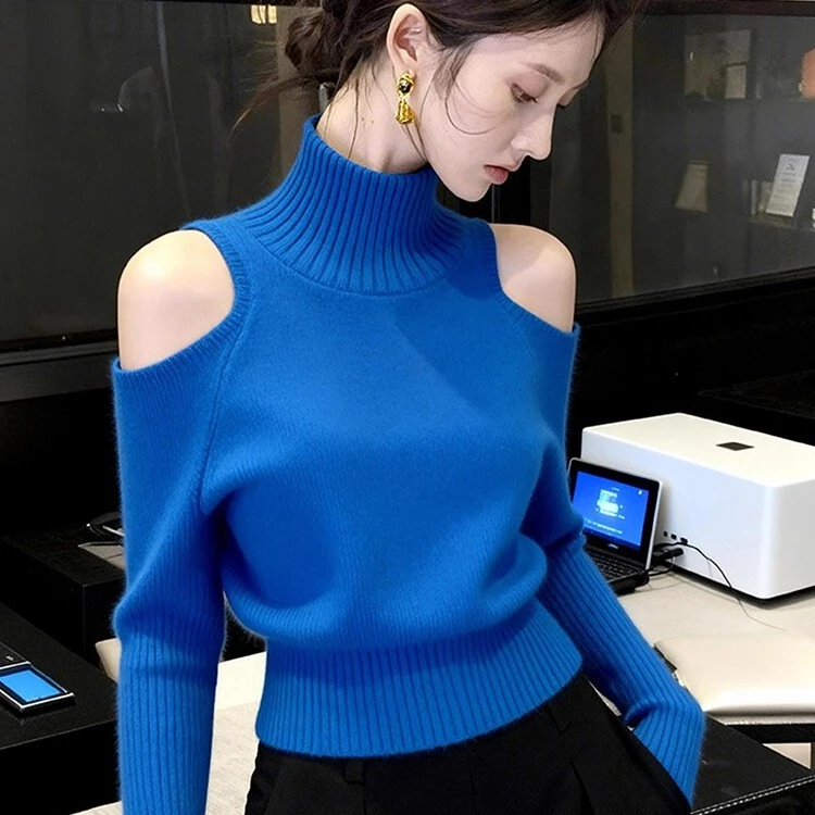 高级感蓝色高领毛衣女秋冬2025新款上衣独特超好看洋气针织打底衫
