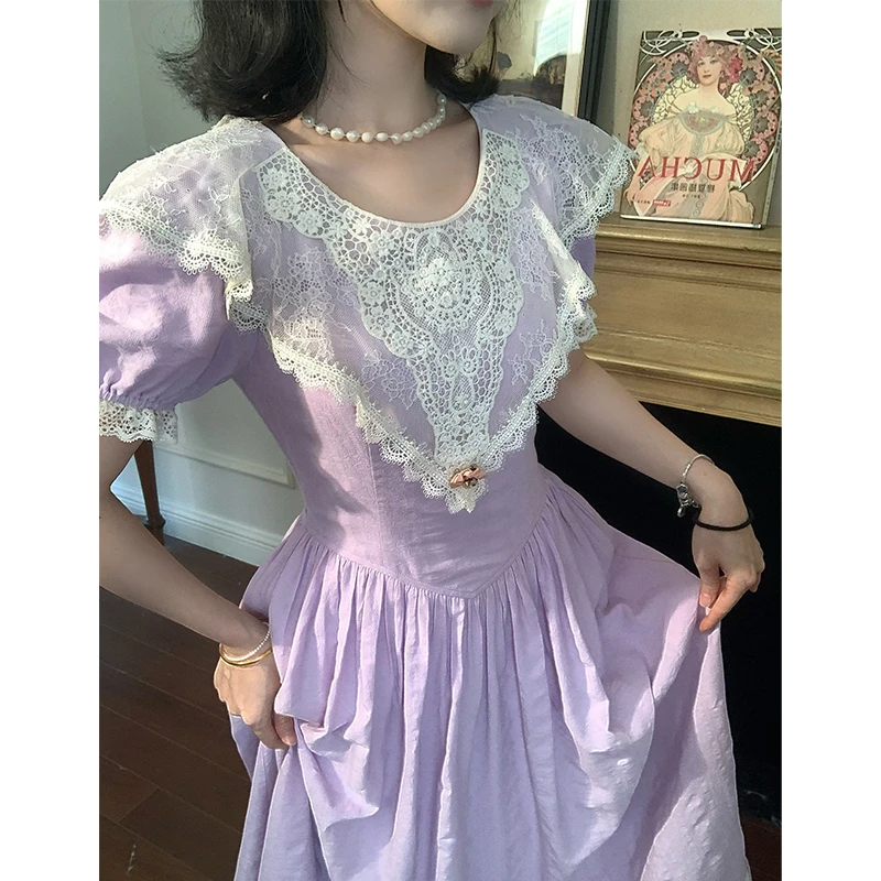中古少女 法式宫廷风复古小众设计感连衣裙花边领长裙女夏季07242