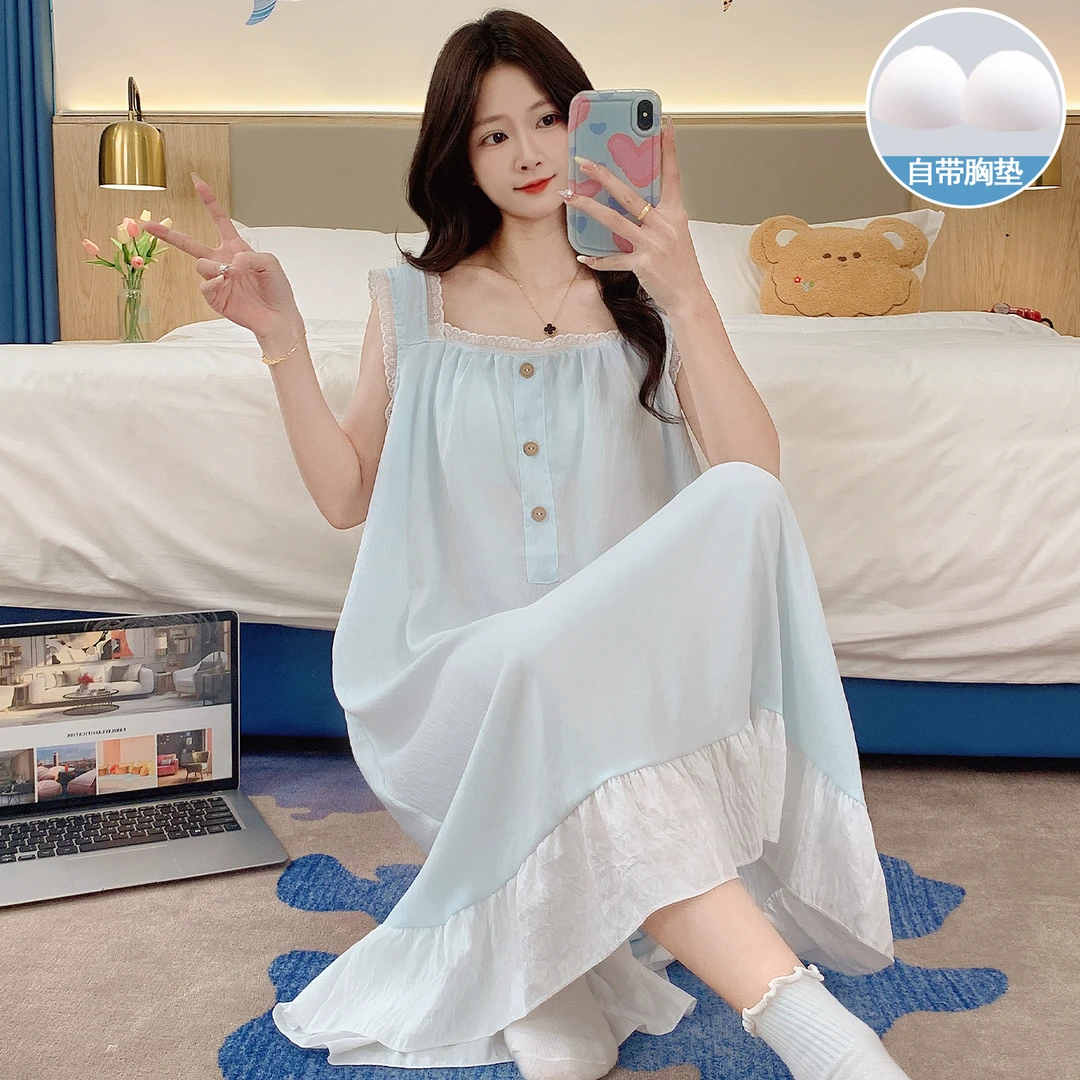可外穿睡裙女带胸垫夏季睡衣女薄款纯色少女吊带中长款睡衣家居服