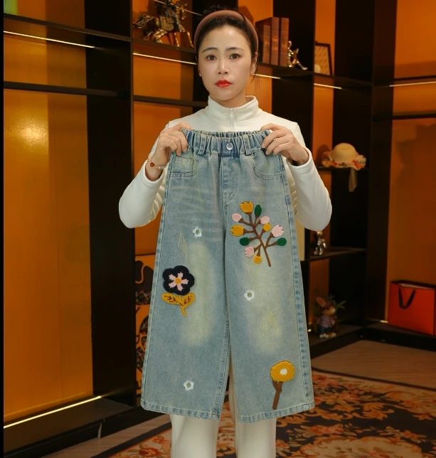 女童加绒裤子秋冬款2024新款洋气时髦阔腿裤儿童小女孩秋装牛仔裤