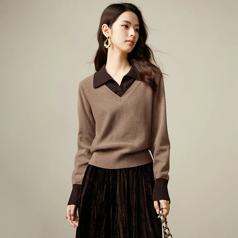 晚白【新品】春毛衣撞色翻领假两件针织衫女24083071