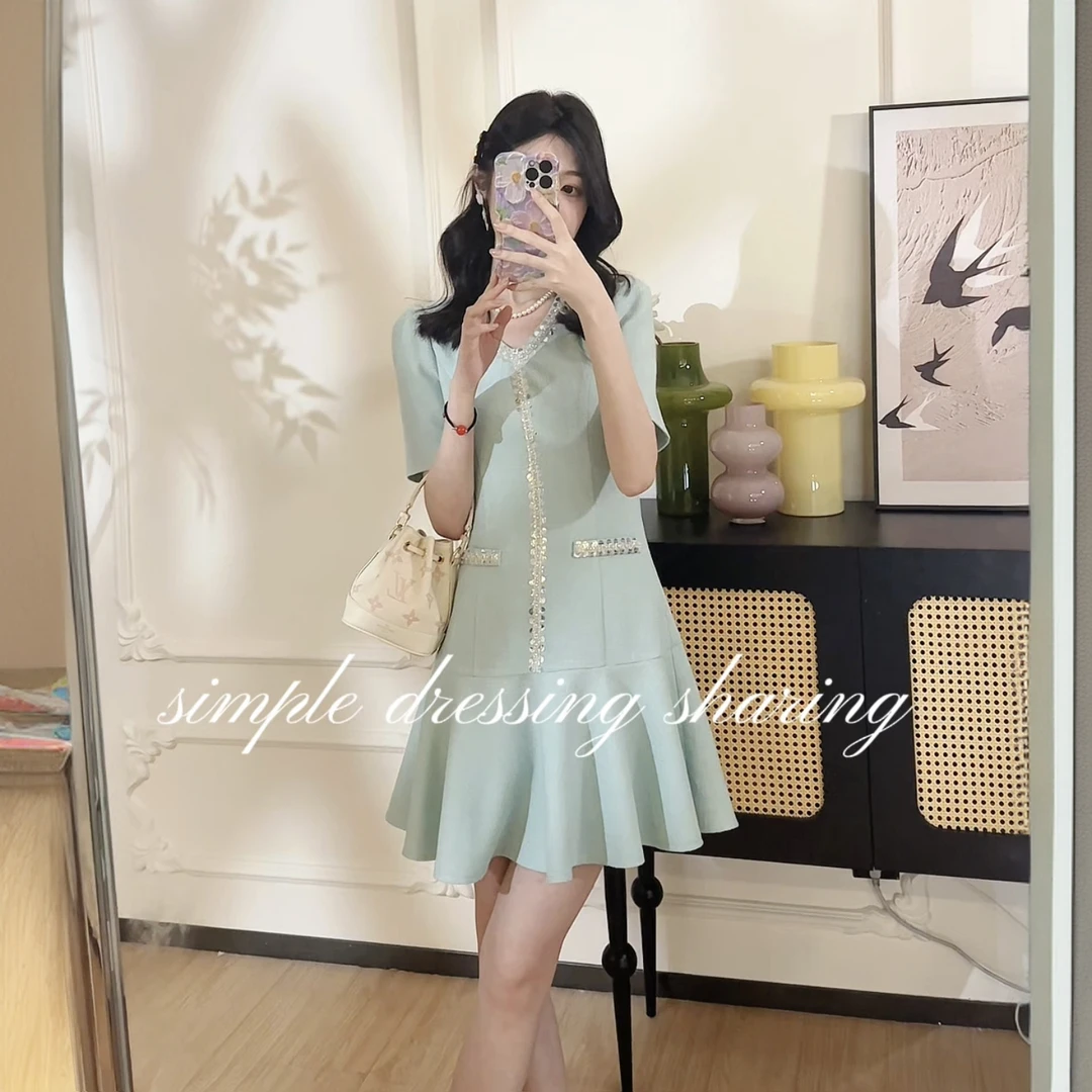 LULU【碧波凝翠】夏季新款修身显瘦气质高级感法式连衣裙-L250061A