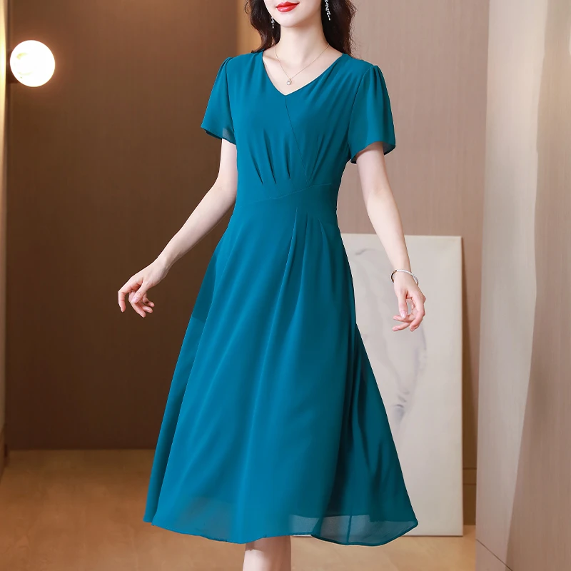 真丝妈妈连衣裙女夏季新款气质中年短袖v领桑蚕丝收腰显瘦中长裙