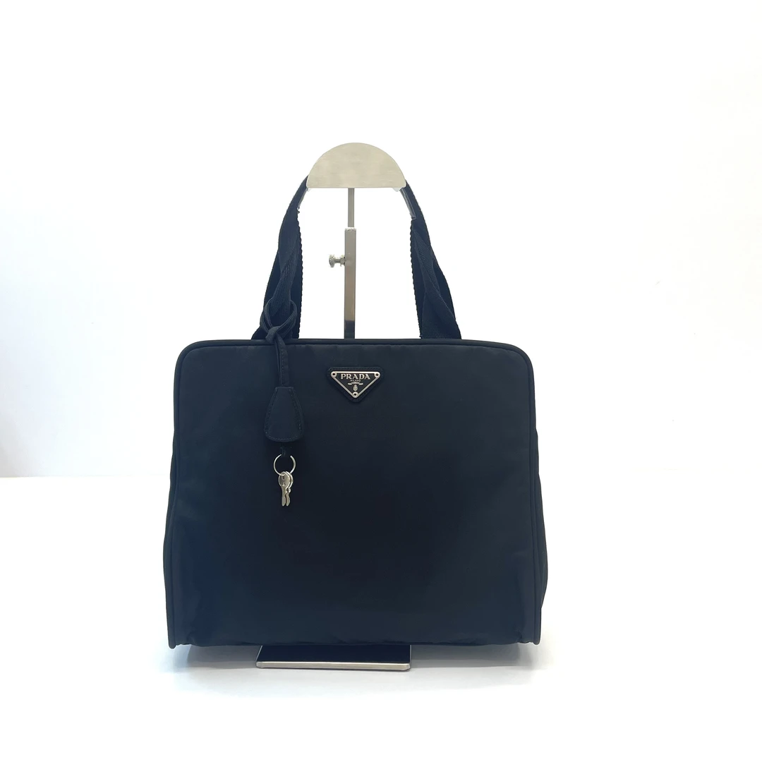 95新 Prada/普拉达 黑色尼龙帆布饭盒tote托特包