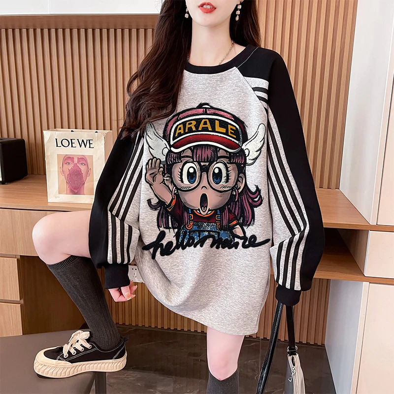 设计感三条杆圆领卫衣女秋冬2025爆款中长款宽松慵懒风加绒上衣潮