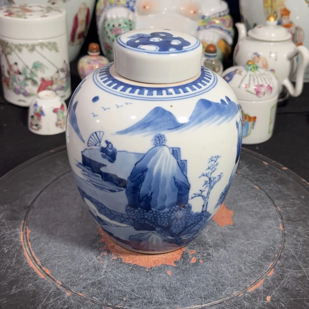 摆件青花山水罐全品