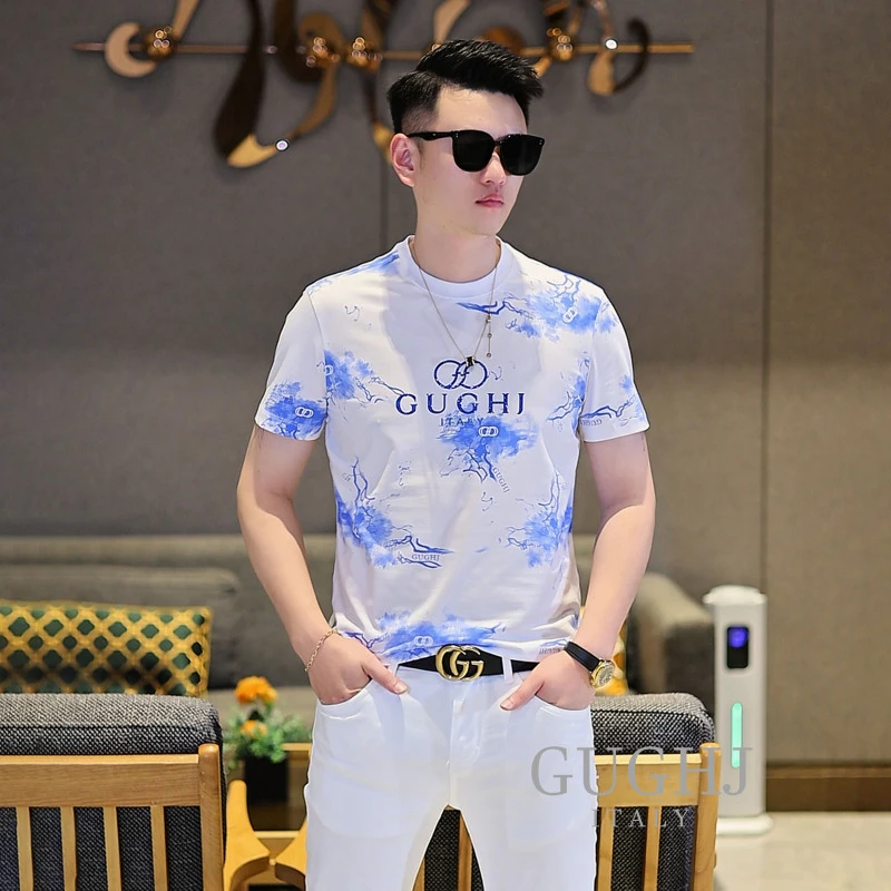 2025春夏新款欧货男士潮流双圈字母印花帅气修身百搭圆领T恤