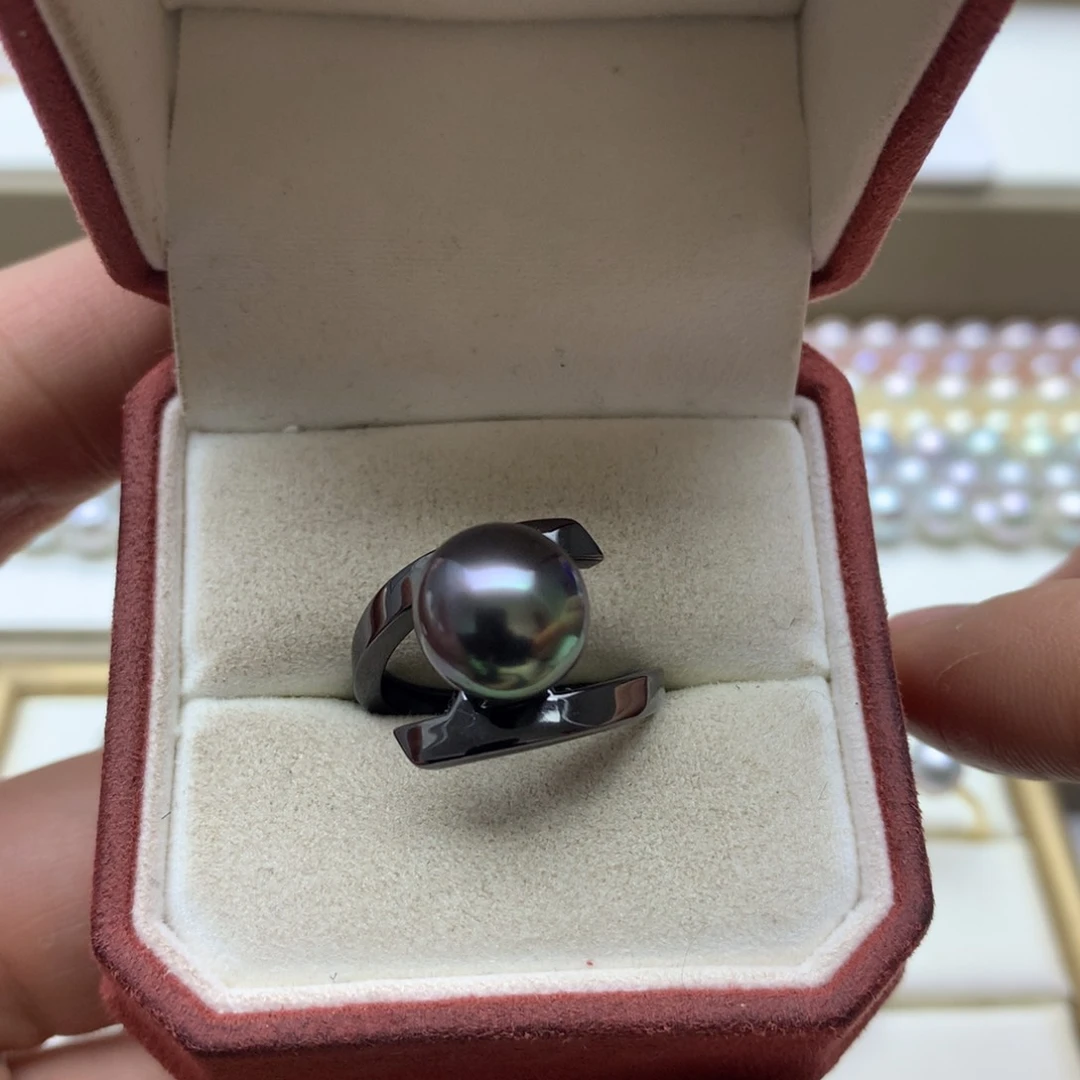 海水珍珠戒指银S925镶嵌10-11大溪地暗黑系戒指