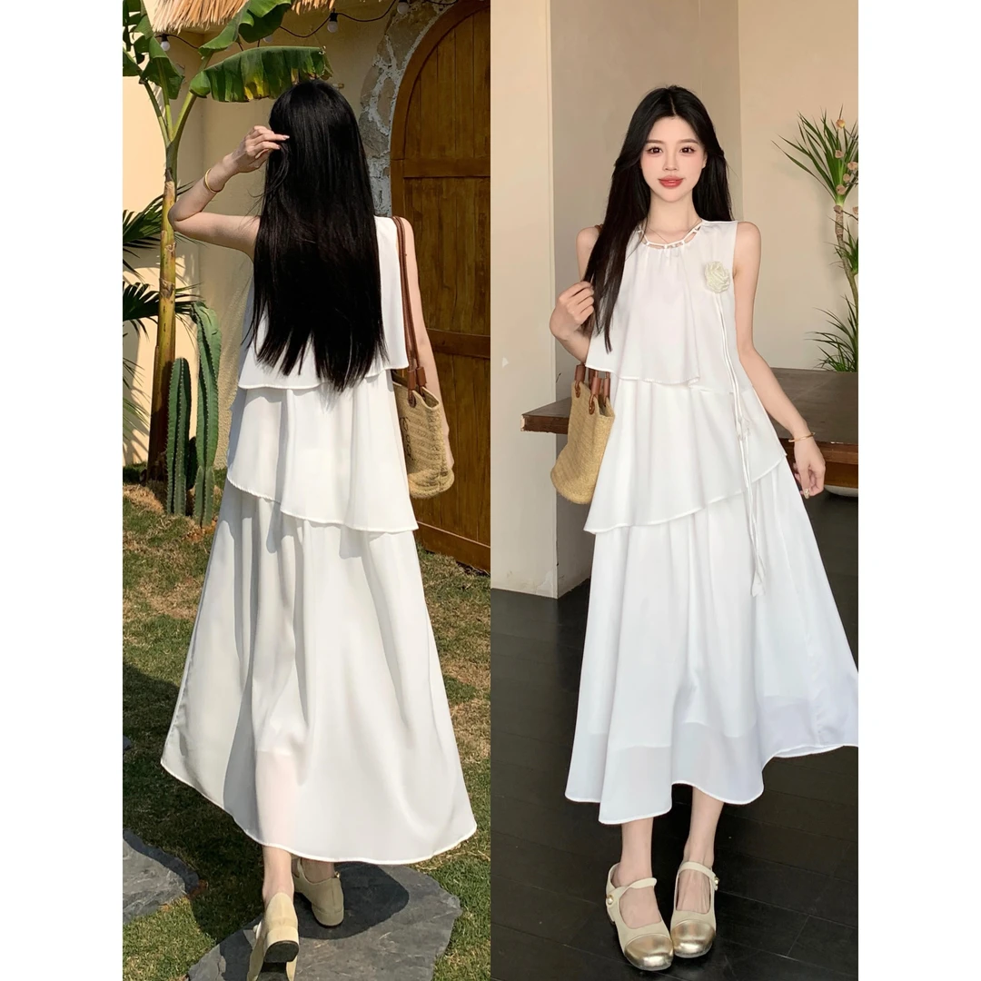 大码杏花微雨浅色气质连衣裙女2025春夏季设计感无袖背心长裙女